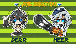  1boy 1girl :3 :d ahoge arrow_(symbol) beret black_gloves black_hair black_necktie blue_eyes blue_headwear blush braid brother_and_sister chainsaw character_name character_select chibi chinese_commentary closed_mouth commentary_request dier_(girls&#039;_frontline) english_text fingerless_gloves girls&#039;_frontline gloves green_background grey_hair hair_between_eyes hair_ornament hairclip hat headphones holding holding_chainsaw hood hoodie long_hair necktie notice_lines ok_sign open_mouth short_hair siblings sier_(girls&#039;_frontline) smile striped striped_background su_xiao_jei white_hoodie 