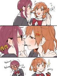  2girls aijou_karen arms_up blush bow bowtie brown_eyes collared_shirt commentary crown_hair_ornament english_commentary english_text flying_sweatdrops food grey_jacket haruka_3442 highres hoshimi_junna jacket long_hair long_sleeves multiple_girls orange_hair pocky pocky_kiss ponytail purple_hair red_bow red_bowtie seishou_music_academy_uniform shared_food shirt shoujo_kageki_revue_starlight simple_background sparkle sweatdrop two_side_up white_background white_shirt yuri 