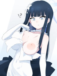  !? 1girl black_hair blue_archive blue_eyes blue_hair blue_halo blush breasts choker closed_mouth colored_inner_hair donutman dress earrings elbow_gloves gloves halo highres jewelry large_breasts leotard long_hair multicolored_hair nipples official_alternate_costume revision saori_(blue_archive) saori_(dress)_(blue_archive) solo strapless strapless_leotard white_choker white_dress white_gloves 