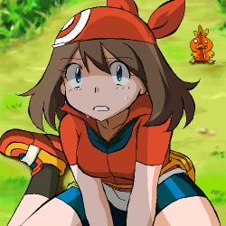 1girl bandana bike_shorts black_socks blue_eyes blush breasts brown_hair clenched_teeth collarbone collared_shirt constricted_pupils creatures_(company) day drooling fanny_pack female_focus game_freak gen_3_pokemon gomatarou_(pixiv196136) green_background hair_between_eyes light_blush looking_at_viewer lowres may_(pokemon) medium_breasts medium_hair nervous nintendo o_o on_ground outdoors poke_ball_symbol pokemon pokemon_(creature) pokemon_rse red_footwear red_headwear red_shirt saliva shaded_face shirt shoes short_sleeves sitting socks solo_focus sweat teeth torchic wariza white_eyes rating:Sensitive score:75 user:Perv-Ultra