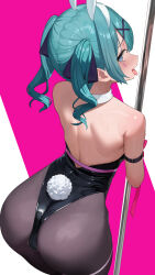  1girl absurdres bent_over hatsune_miku highres leotard playboy_bunny pole rabbit_hole_(vocaloid) solo tongue tongue_out vocaloid  rating:Questionable score:46 user:TDogarooski