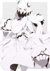 1girl abyssal_ship breasts cleavage closed_mouth colored_skin cracked_skin dress enemy_aircraft_(kancolle) highres horns kantai_collection large_breasts long_hair looking_at_viewer midway_princess pale_skin red_eyes simple_background ub1mo very_long_hair white_dress white_hair white_skin 