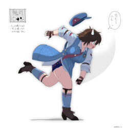  1girl 2024 artist_request blue_hat blue_shorts blue_vest boots breasts brown_eyes brown_hair buttons cabbie_hat collarbone collared_shirt dated emblem female_focus fingerless_gloves gloves hat highres kazama_asuka large_breasts matching_hair/eyes namco necktie open_mouth parted_hair patch red_necktie school_uniform shirt short_hair shorts simple_background solo speech_bubble sweatdrop sweater tekken tekken_8 translation_request vest white_background white_shirt 