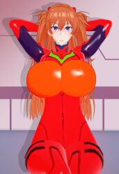  1girl 3d adapted_costume alternate_breast_size arms_up blue_eyes bodysuit breasts brown_hair curvy huge_breasts long_hair looking_at_viewer multiple_views neon_genesis_evangelion plugsuit puripuri_jet red_bodysuit shiny_clothes simple_background skin_tight smile souryuu_asuka_langley turnaround twintails two_side_up wide_hips 