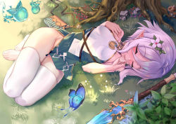  absurdres barefoot bug butterfly child detached_sleeves dress elf closed_eyes feet flower grass green_dress green_sleeves hair_between_eyes hair_flower hair_ornament highres insect kokkoro_(princess_connect!) long_sleeves mikawa_sansen no_panties pink_eyes pointy_ears princess_connect! puffy_long_sleeves puffy_sleeves see-through see-through_sleeves silver_hair sleeping sleeveless sleeveless_dress solo staff toes tree white_flower  rating:Sensitive score:53 user:danbooru