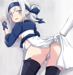 1boy 1girl admiral_(kancolle) ainu_clothes ass blue_eyes blush boots breasts clothes_lift clothes_pull cropped_jacket dress dress_lift dress_pull folded_ponytail from_behind fundoshi gloves headband japanese_clothes kakizaki_(chou_neji) kamoi_(kancolle) kantai_collection large_breasts lifting_another&#039;s_clothes military military_uniform sideboob sidelocks sleeveless sleeveless_dress solo_focus tearing_up thigh_boots thighhighs uniform white_dress white_gloves white_hair wrist_guards rating:Questionable score:14 user:danbooru