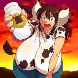 1girl animal_print artist_name bottle bow breasts brown_hair cloud covered_erect_nipples cow_girl cow_horns cow_print cow_tail curvy day denim gigantic_breasts glass_bottle hair_between_eyes hair_bow hair_ribbon hand_on_own_thigh hanging_breasts hataraki_ari highres horns leaning_forward looking_at_viewer milk milk_bottle open_mouth orange_sky original red_sky ribbon see-through shiny_skin short_hair short_sleeves silhouette sky smile solo standing sukimi sunset tail teeth thick_thighs thighs twintails wide_hips yellow_background yellow_eyes yellow_sky rating:Sensitive score:46 user:danbooru