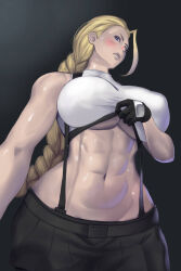  1girl abs bare_shoulders blonde_hair blush braid breasts cammy_white cosplay crop_top crossover final_fantasy final_fantasy_vii gloves highres large_breasts lips long_hair muscular muscular_female pale_(artist) sleeveless street_fighter tifa_lockhart tifa_lockhart_(cosplay)  rating:Questionable score:12 user:zombiespacial