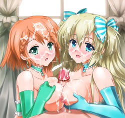  2girls bangs_pinned_back blonde_hair blue_eyes blue_ribbon blush bow braid breast_hold breasts bukkake choker collar cooperative_paizuri cum cum_on_body cum_on_breasts cum_on_hair cum_on_upper_body cum_string cumdrip earrings elbow_gloves facial frills gloves green_eyes hair_bow hair_ribbon hetero highres jewelry large_breasts latex latex_gloves liseanon liz_hohenstein long_hair looking_at_viewer matching_outfits multiple_girls muv-luv muv-luv_alternative nipples open_mouth orange_hair out_of_frame paizuri partially_undressed penis pov ribbon schwarzesmarken shiny_clothes short_hair two_side_up uncensored 
