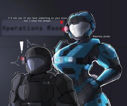  ! 1boy 1girl armor artist_name assault_visor breastplate catherine-b320 commentary english_commentary english_text halo:_reach halo_(series) hand_on_own_hip head_tilt heart height_difference helmet highres odst power_armor spartan_(halo) spartans_doodles surprised  rating:General score:5 user:danbooru