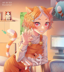  1girl absurdres animal animal_ears bed blush buttons capybara cat cat_ears cat_tail cat_toy chair claw_pose computer computer_keyboard dress eyelashes figure fish hair_ornament highres holding holding_animal holding_cat marsey monitor office_chair orange_cat orange_hair original picture_frame poster_(object) red_eyes smile solo striped_tail sweater swivel_chair table tail telegram watermark windows_10 yunannart 