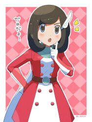  1girl :o argyle argyle_background black_eyes black_hair creatures_(company) dress game_freak gloves hair_ornament hand_on_own_hip highres index_finger_raised long_sleeves looking_at_viewer nintendo official_alternate_costume open_mouth pokemon pokemon_masters_ex red_dress scarf selene_(pokemon) selene_(special_costume)_(pokemon) shinozaki_naruse short_hair solo translation_request twitter_username two-tone_dress white_dress white_gloves 