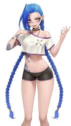  1girl absurdres arm_tattoo asymmetrical_bangs black_shorts blue_hair blue_nails braid breasts cloud_tattoo dreadlocks highres jinx_(league_of_legends) league_of_legends long_hair looking_at_viewer medium_breasts nail_polish open_mouth red_eyes shirt short_shorts shorts shoulder_tattoo smile solo stomach_tattoo svo23 tattoo tongue tongue_out twin_braids white_shirt 