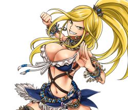  1girl armlet blonde_hair breasts cleavage earrings jewelry julia_(rave_master) large_breasts long_hair looking_at_viewer navel official_art ponytail rave revealing_clothes smile  rating:Sensitive score:6 user:YuukoLover