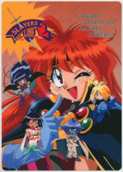  1990s_(style) 2girls 3girls absurdres amelia_wil_tesla_seyruun aqua_eyes aqua_footwear araizumi_rui armor bead_necklace beads black_eyes black_hair blonde_hair blue_eyes blue_footwear blue_gloves blue_hair boots cape character_name chibi clenched_hand copyright_name crossed_legs earrings fingerless_gloves floating_hair gloves gourry_gabriev headband highres jewelry lina_inverse long_hair multiple_girls necklace official_art one_eye_closed open_mouth pauldrons pointing pointing_at_self purple_footwear purple_gloves red_eyes retro_artstyle scan short_hair short_sleeves shoulder_armor slayers sword sylphiel_nels_lahda weapon zelgadiss_graywords 