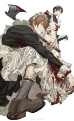  2boys absurdres alternate_costume ankle_socks apron axe bishounen black_dress black_socks blood blood_on_clothes blood_on_hands bloody_weapon brown_footwear brown_hair character_request chinese_commentary closed_mouth commentary_request copyright_request dress drop_earrings earrings enmaided expressionless fishnet_socks fishnets frilled_apron frilled_socks frills full_body hair_over_one_eye hairband hand_on_hilt highres holding holding_axe jewelry katana light_frown loafers long_dress long_sleeves maid maid_headdress male_focus multiple_boys niarwol over_shoulder purple_hair ring shadow sheath sheathed shoes short_hair simple_background slit_pupils socks squatting standing sword weapon weapon_over_shoulder weibo_watermark white_apron white_background white_hairband yellow_eyes 