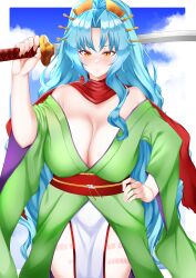  1girl arm_up blue_hair blue_sky blush border breasts cleavage closed_mouth cloud day dot_nose dragon_girl expressionless eyebrows feet_out_of_frame female_focus green_kimono hand_on_own_hip holding holding_sword holding_weapon huge_breasts japanese_clothes kimono light_blue_hair loincloth long_hair looking_at_viewer off-shoulder_kimono off_shoulder orange_eyes pipienpippi purple_kimono red_loincloth red_sash red_scarf sash scarf sky solo standing sword tomoe_(tsuki_ga_michibiku_isekai_douchuu) tsuki_ga_michibiku_isekai_douchuu two-tone_kimono two-tone_loincloth very_long_hair weapon white_border white_loincloth wide_hips 
