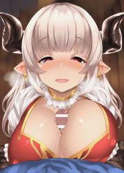 10s 1boy 1girl alicia_(granblue_fantasy) bar_censor batsu blush breasts breasts_squeezed_together breath brown_eyes censored covered_erect_nipples cross cross_earrings draph ear_blush earrings gloves gran_(granblue_fantasy) granblue_fantasy half-closed_eyes heart heavy_breathing hetero horns jewelry large_breasts long_hair looking_at_viewer looking_up open_mouth paizuri paizuri_under_clothes penis pointy_ears pov silver_hair smile solo_focus upper_body white_gloves rating:Explicit score:36 user:danbooru