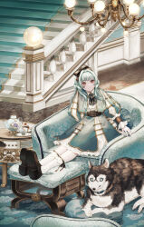  1girl animal_collar aqua_hair artist_name blunt_bangs bow bowtie chandelier collar collared_shirt commentary cup dog frilled_skirt frills hair_bow highres husky loafers long_hair long_sleeves mege_(megechan) original outstretched_legs pillow plate red_eyes shirt shoes skirt socks stairs teacup teapot translated 