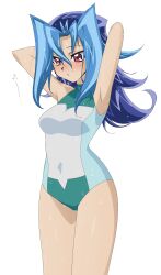  1girl armpits arms_up blue_hair breasts covered_navel cowboy_shot curvy highres kamishiro_rio knhrpnkt long_hair medium_breasts multicolored_hair one-piece_swimsuit red_eyes solo swimsuit two-tone_hair very_long_hair wet white_background wide_hips yu-gi-oh! yu-gi-oh!_zexal  rating:Sensitive score:7 user:popotepopote
