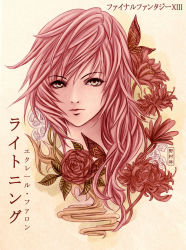  10s 1girl bug butterfly character_name copyright_name final_fantasy final_fantasy_xiii flower image_sample insect lightning_farron nomura_hayashi pink_hair solo spider_lily translation_request 