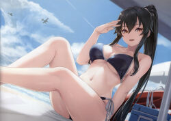  1girl absurdres aircraft airplane bare_arms bare_legs beach beach_umbrella bikini black_bikini black_hair blue_sky blurry blurry_background breasts brown_eyes cleavage cloud collarbone comiket_102 cooler day hair_between_eyes halterneck hand_up helicopter high_ponytail highres kantai_collection large_breasts long_hair looking_at_viewer medium_breasts navel non-web_source ocean open_mouth outdoors ponytail rokuwata_tomoe salute scan scrunchie seaplane side-tie_bikini_bottom sidelocks sitting sky smile solo stomach strap_gap string_bikini swimsuit teeth thighs umbrella underboob upper_teeth_only very_long_hair water yahagi_(kancolle) yellow_eyes 