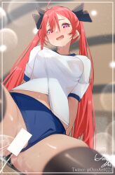 1girl bar_censor black_thighhighs blue_buruma blush border buruma censored commentary date_a_live english_commentary gym_uniform highres itsuka_kotori long_hair looking_at_viewer looking_down open_mouth ozzyart_0221 peeing pink_eyes red_hair shirt short_sleeves signature solo t-shirt thighhighs thighs twintails twitter_username white_border white_shirt rating:Questionable score:31 user:danbooru