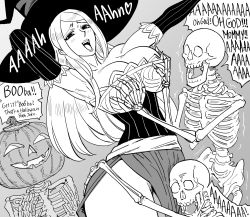  1girl absurdres armpits bb_(baalbuddy) grabbing_another&#039;s_breast breasts cleavage commentary corset detached_sleeves dragon&#039;s_crown english_commentary english_text grabbing greyscale halloween hat highres jack-o&#039;-lantern large_breasts long_hair monochrome open_mouth pumpkin round_teeth skeleton sorceress_(dragon&#039;s_crown) speech_bubble teeth thick_thighs thighs upper_teeth_only vanillaware witch_hat  rating:Sensitive score:51 user:danbooru