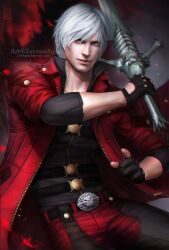  1boy artist_name bishounen black_gloves blue_eyes coat copyright_name dante_(devil_may_cry) devil_may_cry devil_may_cry_(series) devil_may_cry_4 facial_hair fingerless_gloves gloves highres holding lips looking_at_viewer male_focus mature_male muscular muscular_male nose photorealistic realistic rebellion_(sword) red_coat smile solo sword weapon white_hair zetsuai89 