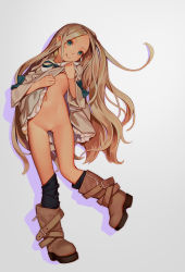  1girl beige_dress belt belt_buckle black_socks blonde_hair blue_eyes blue_ribbon boots brown_belt brown_footwear buckle censored closed_mouth clothes_lift dress dress_lift drop_shadow eyeball_hair_ornament flat_chest frilled_dress frills full_body highres lifting_own_clothes loli long_hair looking_at_viewer loose_socks muk_(monsieur) navel nina_(tiny_evil) nipples no_bra no_panties original pussy ribbon simple_background socks solo tagme tareme tiny_evil tongue tongue_out uncensored very_long_hair white_sleeves zipper_pull_tab  rating:Explicit score:416 user:loli_dungeon