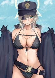  1girl absurdres alternate_costume belt bikini black_belt black_bikini black_coat black_gloves blue_archive blush breasts cleavage coat collarbone eyepatch gloves green_eyes grey_hair hair_between_eyes halo hat highres holding holding_clothes holding_coat hot large_breasts long_hair long_sleeves looking_at_viewer navel nuts_(hazel-nuts) open_clothes open_coat peaked_cap sidelocks simple_background solo spaghetti_strap stomach suou_(blue_archive) sweat swimsuit undressing 