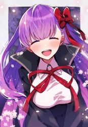  1girl :d bb_(fate) bb_(fate/extra) black_coat black_skirt blush bow breasts closed_eyes coat collared_shirt facing_viewer fate/extra fate_(series) floating_hair hair_bow highres large_breasts long_hair long_sleeves neck_ribbon open_clothes open_coat open_mouth purple_hair red_bow red_ribbon ribbon shirt skirt smile solo very_long_hair wasa_(wanosabi) white_shirt wing_collar  rating:Sensitive score:6 user:danbooru