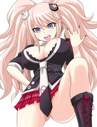  10s 1girl absurdres black_bra blonde_hair blue_eyes boots bra breasts censored convenient_censoring danganronpa:_trigger_happy_havoc danganronpa_(series) enoshima_junko fingernails highres konno_tohiro large_breasts long_hair nail_polish necktie no_panties plaid plaid_skirt red_nails simple_background skirt sleeves_rolled_up solo spoilers tongue tongue_out twintails underwear white_background  rating:Questionable score:176 user:danbooru