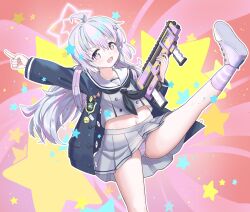 +_+ 1girl :d ahoge arm_up ass backpack bag black_coat blue_archive bullpup coat collarbone commentary_request double-barreled_shotgun grey_serafuku grey_skirt gun hair_between_eyes hair_bobbles hair_ornament halo highres holding holding_gun holding_weapon index_finger_raised leg_up long_hair long_sleeves looking_at_viewer low_twintails multicolored_hair multiple-barrel_firearm navel open_clothes open_coat open_mouth panties pleated_skirt pointing pointing_up pump-action_shotgun pump_action purple_eyes purple_hair reisa_(blue_archive) school_uniform serafuku shotgun side-by-side-barreled_shotgun sidelocks simple_background skirt smile solo standard_manufacturing_dp-12 standing standing_on_one_leg star_(symbol) star_hair_ornament starry_background stomach striped_clothes striped_panties striped_thighhighs thighhighs twintails two-tone_hair underwear weapon wjddn rating:Sensitive score:15 user:danbooru