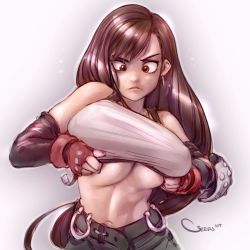 1girl belt black_bra bra breasts brown_hair commentary cross-eyed darren_geers detached_sleeves dressing earrings elbow_pads english_commentary final_fantasy final_fantasy_vii final_fantasy_vii_remake fingerless_gloves gloves grey_background highres inconvenient_breasts jewelry large_breasts lips long_hair low-tied_long_hair navel red_eyes skirt solo sports_bra stomach strapless suspender_skirt suspenders suspenders_hanging tifa_lockhart tube_top underboob undersized_clothes underwear rating:Questionable score:55 user:danbooru