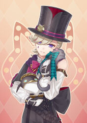  1boy animal aqua_bow argyle argyle_background award_ribbon back_bow black_bow black_capelet black_corset black_gloves black_hat blonde_hair bow bowtie brown_bow brown_bowtie buttons capelet cat center_frills commentary_request corset detached_sleeves facial_mark frilled_shirt_collar frills genshin_impact gloves grey_cat hair_between_eyes hand_up hat holding holding_animal holding_cat long_sleeves looking_at_viewer lyney_(genshin_impact) male_focus non-humanoid_robot outline parted_bangs parted_lips pers_(genshin_impact) pink_background purple_eyes red_bow red_bowtie robot robot_animal shirt short_hair simple_background sleeveless sleeveless_shirt smile solo swept_bangs teardrop_facial_mark top_hat two-tone_gloves white_gloves white_shirt white_sleeves yellow_outline yonaka_(yonaka221) 