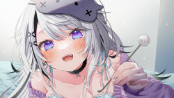  1girl :d absurdres bare_shoulders blindfold blindfold_lift blush dot_nose hair_ornament highres indie_virtual_youtuber indoors looking_at_viewer lying on_bed on_stomach open_mouth pome_charo purple_eyes purple_shirt shirt smile solo_focus square_pupils variant_set x_hair_ornament 