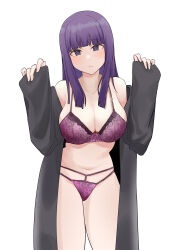  1girl :t absurdres black_eyes black_robe blunt_bangs bra breasts cleavage closed_mouth fern_(sousou_no_frieren) hands_up highres large_breasts long_hair looking_at_viewer navel off_shoulder open_clothes open_robe panties purple_bra purple_hair purple_panties robe sidelocks simple_background solo sousou_no_frieren stomach su1zqbro thighs underwear white_background 
