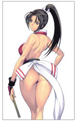  1girl ass back backboob backless_outfit bare_back black_eyes black_hair breasts bridal_gauntlets fatal_fury folded_fan folding_fan from_behind frown hair_ribbon hand_fan hand_on_own_hip high_ponytail highres homare_(fool&#039;s_art) japanese_clothes kneepits large_breasts legs long_hair looking_away looking_back ninja panties ponytail red_panties ribbon sash serious shiranui_mai sideboob simple_background solo standing the_king_of_fighters thigh_gap thighs thong underwear white_background  rating:Sensitive score:109 user:Kentabarou