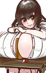 1girl artist_request between_breasts breast_expansion breast_rest breasts brown_eyes brown_hair female_focus gigantic_breasts highres school_uniform simple_background sitting solo white_background rating:Questionable score:23 user:railbreaker
