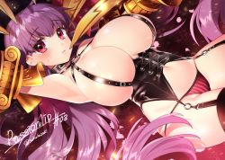  10s 1girl arm_up armpits belt blush breasts buckle bursting_breasts character_name choker claws corset fate/extra fate/extra_ccc fate_(series) garter_straps hair_ribbon huge_breasts ichinose_yukino long_hair looking_at_viewer open_mouth panties passionlip_(fate) purple_eyes purple_hair red_eyes red_panties revealing_clothes ribbon solo striped_clothes striped_panties thighhighs twitter_username underwear vertical_stripes very_long_hair  rating:Questionable score:59 user:danbooru