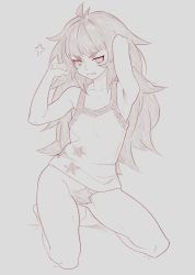  1girl absurdres anger_vein angry armpit_hair armpits arms_up bottomless excessive_pubic_hair female_pubic_hair hayabusart highres hiyajou_maho kneeling long_hair monochrome pubic_hair sketch steins;gate steins;gate_0 thighs  rating:Explicit score:63 user:Koutoushiki