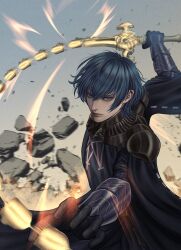  1boy armor black_armor black_cape black_gloves blue_hair byleth_(fire_emblem) byleth_(male)_(fire_emblem) cape closed_mouth commentary english_commentary fire_emblem fire_emblem:_three_houses gauntlets gloves hair_between_eyes highres holding holding_sword holding_weapon lips looking_at_viewer male_focus nintendo short_hair shoulder_armor solo sword sword_of_the_creator weapon wrainbow13 
