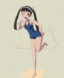  1girl ass bakemonogatari bare_arms bare_legs barefoot blue_one-piece_swimsuit breasts brown_hair cheek_poking closed_mouth fang feet from_behind hachikuji_mayoi hairband highres hip_focus leaning_forward leg_up legs long_hair looking_at_viewer monogatari_(series) one-piece_swimsuit poking red_eyes simple_background small_breasts smile snail solo standing swimsuit thighs twintails upper_body wide_hips wristband  rating:Questionable score:15 user:Fab3535