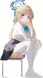  1girl absurdres black_skirt blonde_hair blue_archive blue_bow blue_bowtie blue_eyes blue_ribbon blush bow bowtie hair_ribbon halo highres long_hair long_sleeves looking_at_viewer parted_lips ribbon shirt simple_background sitting skirt solo thighhighs toki_(blue_archive) usagi_(786113654) white_background white_shirt white_thighhighs 