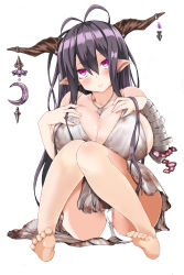  10s 1girl absurdres ahoge bandages bare_shoulders barefoot black_hair breasts cleavage danua demon_girl denden_taiko female_focus granblue_fantasy highres horns huge_breasts jewelry long_hair necklace on_ground panties pointy_ears purple_eyes simple_background sitting soles solo toe_scrunch toes underwear upskirt white_background white_panties  rating:Sensitive score:31 user:Xander