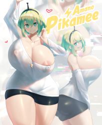  1girl alternate_breast_size amano_pikamee areola_slip arm_up ass bare_shoulders black_hairband black_shorts blonde_hair breasts bright_pupils character_name cleavage closed_mouth collarbone commentary covered_erect_nipples cowboy_shot curvy english_commentary from_side green_eyes green_hair grin hair_between_eyes hairband hand_up heart highres huge_breasts large_areolae large_nipples lightning_bolt_symbol long_sleeves looking_at_viewer looking_to_the_side medium_hair multicolored_hair multiple_views nipple_slip nipples no_bra off-shoulder_shirt off_shoulder see-through sharp_teeth shiny_clothes shiny_skin shirt shorts sidelocks sinensian smile standing teeth thick_thighs thighs two-tone_hair virtual_youtuber voms white_background white_pupils white_shirt wide_hips zoom_layer  rating:Questionable score:189 user:danbooru