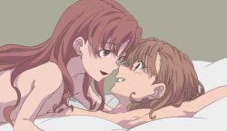  2021 20s 2girls absurdres armpits bare_shoulders bed_sheet blush breasts brown_eyes brown_hair collarbone completely_nude convenient_censoring face-to-face hair_down highres isshou light_blush long_hair looking_at_another lying matching_hair/eyes misaka_mikoto multiple_girls nude on_back on_bed open_mouth sex shirai_kuroko short_hair small_breasts smile teeth toaru_kagaku_no_railgun toaru_majutsu_no_index yuri 
