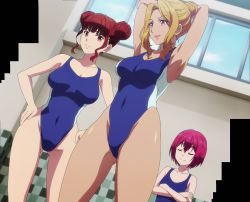  3girls armpits arms_up bare_legs blue_one-piece_swimsuit breasts cleavage closed_eyes collarbone competition_swimsuit covered_navel curvy dark-skinned_female dark_skin gluteal_fold hair_between_eyes hair_bun highres hiiragi_shunka kuroda_rehn_chifuyu large_breasts long_hair looking_at_another multiple_girls one-piece_swimsuit pink_hair red_eyes red_hair shiny_skin short_hair shuumatsu_no_harem sidelocks single_hair_bun smile stitched swimsuit thighs third-party_edit wide_hips yanagi_rikka  rating:Questionable score:41 user:3rNM6CMa