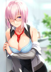 1girl against_wall bare_shoulders between_breasts blue_bra blush bra breasts cleavage fate/grand_order fate_(series) glasses hair_over_one_eye large_breasts leaning looking_at_viewer mash_kyrielight necktie necktie_between_breasts off_shoulder prime purple_eyes purple_hair red_necktie short_hair solo underwear rating:Questionable score:32 user:danbooru